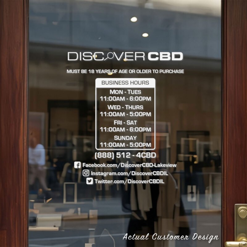 style-10a Custom open hours decal applied on wooden glass door, business storefront vinyl lettering, personalized store hours sticker by TheRetractableBanner.Shop