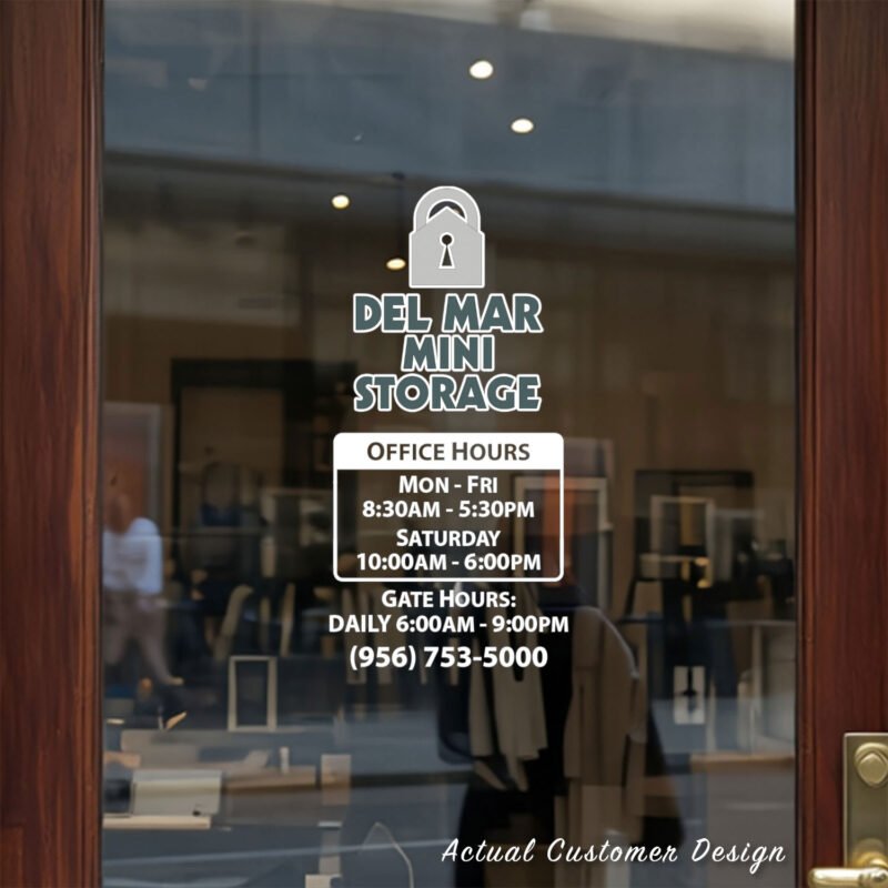 Custom open hours decal applied on wooden glass door, business storefront vinyl lettering, personalized store hours sticker by TheRetractableBanner.Shop