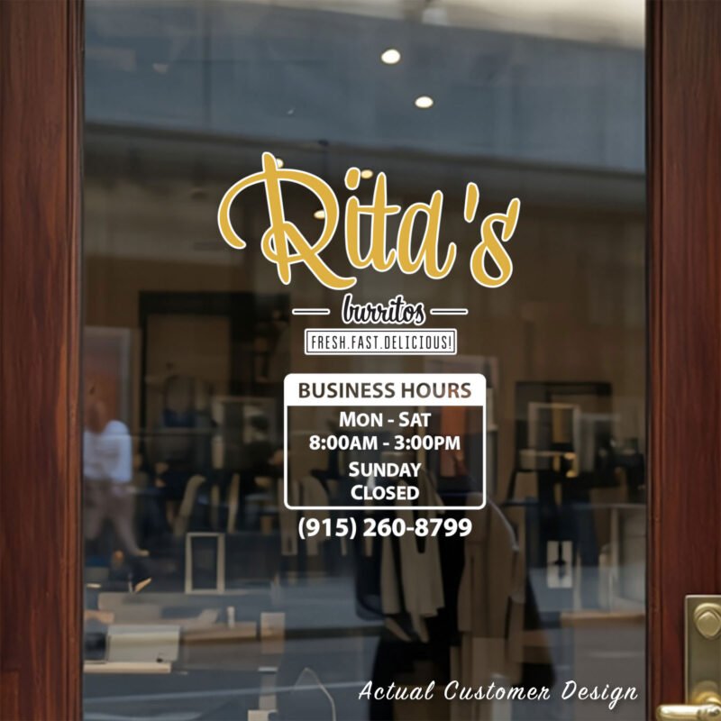 Custom open hours decal applied on wooden glass door, business storefront vinyl lettering, personalized store hours sticker by TheRetractableBanner.Shop