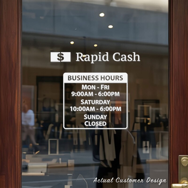 Custom open hours decal applied on wooden glass door, business storefront vinyl lettering, personalized store hours sticker by TheRetractableBanner.Shop