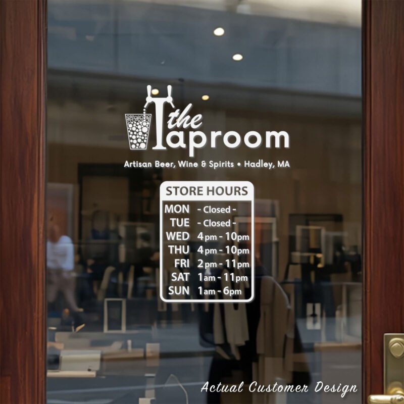 Custom open hours decal applied on wooden glass door, business storefront vinyl lettering, personalized store hours sticker by TheRetractableBanner.Shop