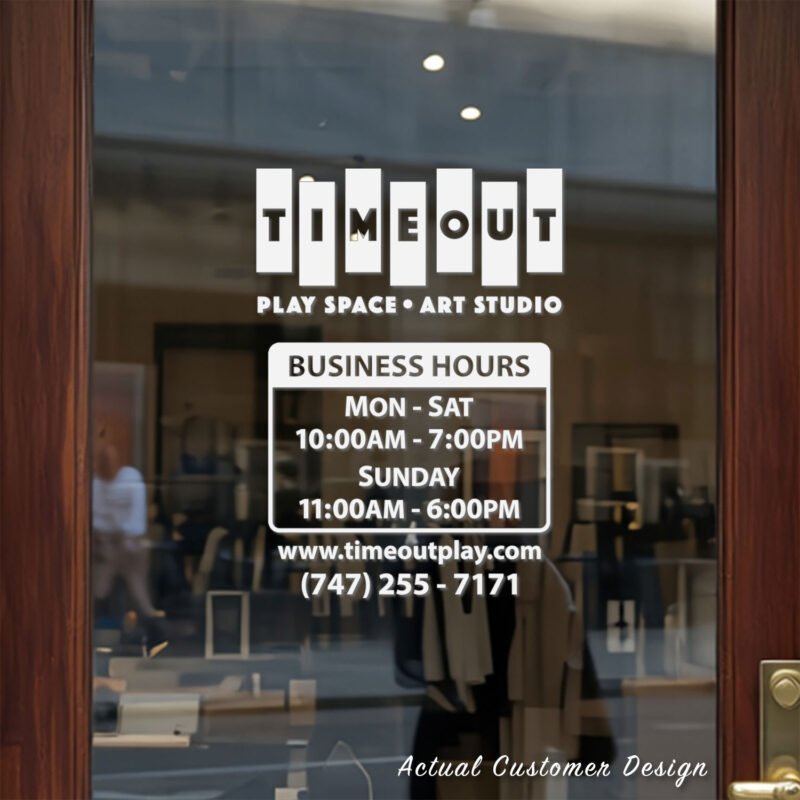 Custom open hours decal applied on wooden glass door, business storefront vinyl lettering, personalized store hours sticker by TheRetractableBanner.Shop