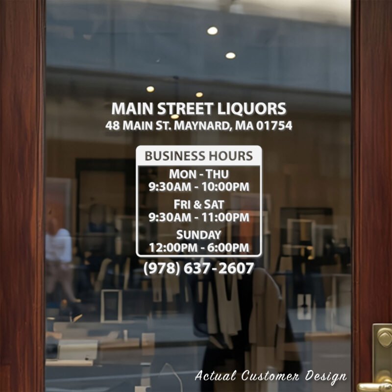 Custom open hours decal applied on wooden glass door, business storefront vinyl lettering, personalized store hours sticker by TheRetractableBanner.Shop