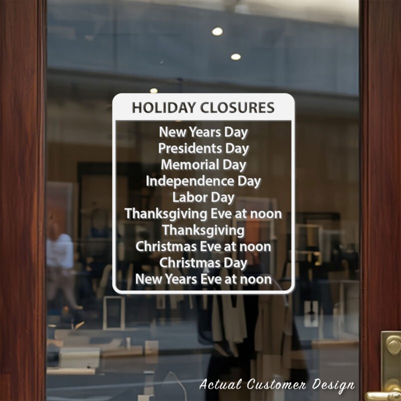 Custom open hours decal applied on wooden glass door, business storefront vinyl lettering, personalized store hours sticker by TheRetractableBanner.Shop